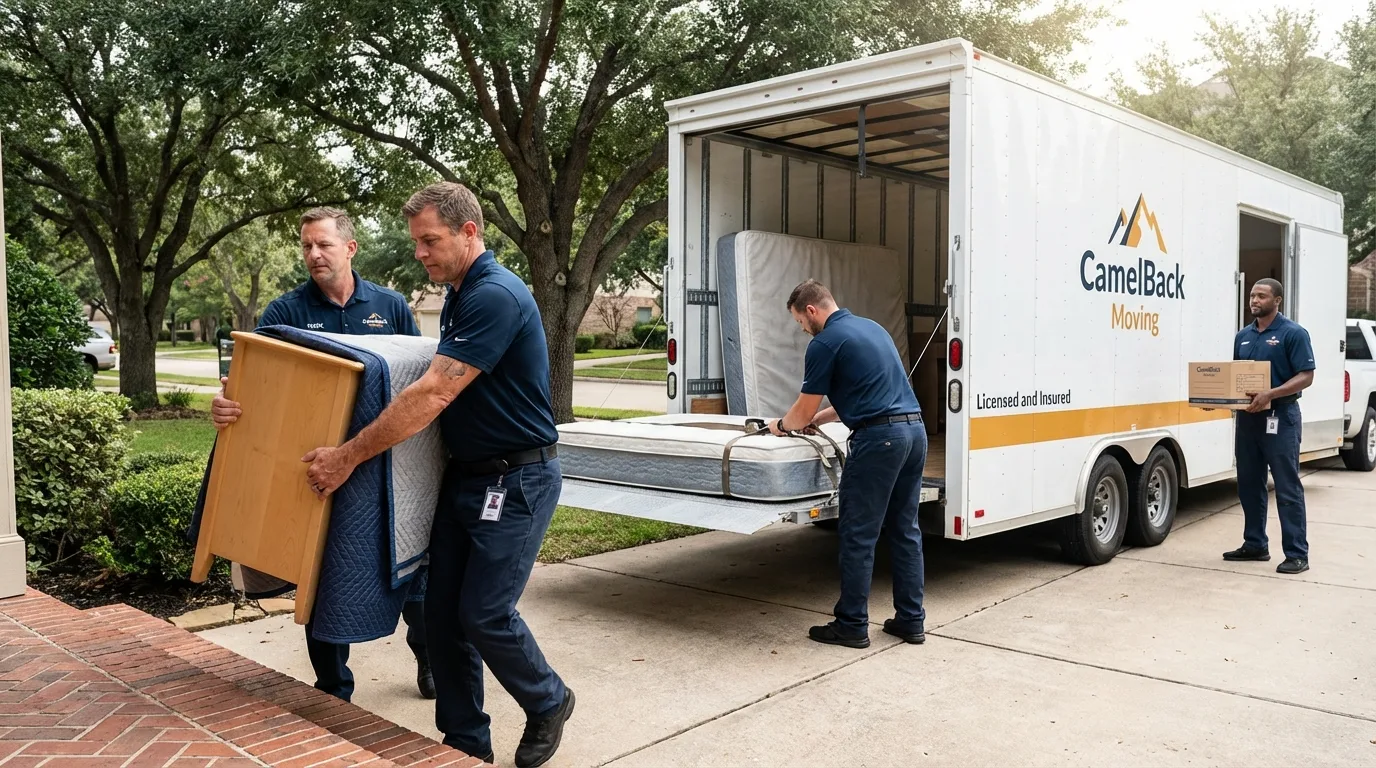 Crew loading residential truck for cross-state move from Teague, TX