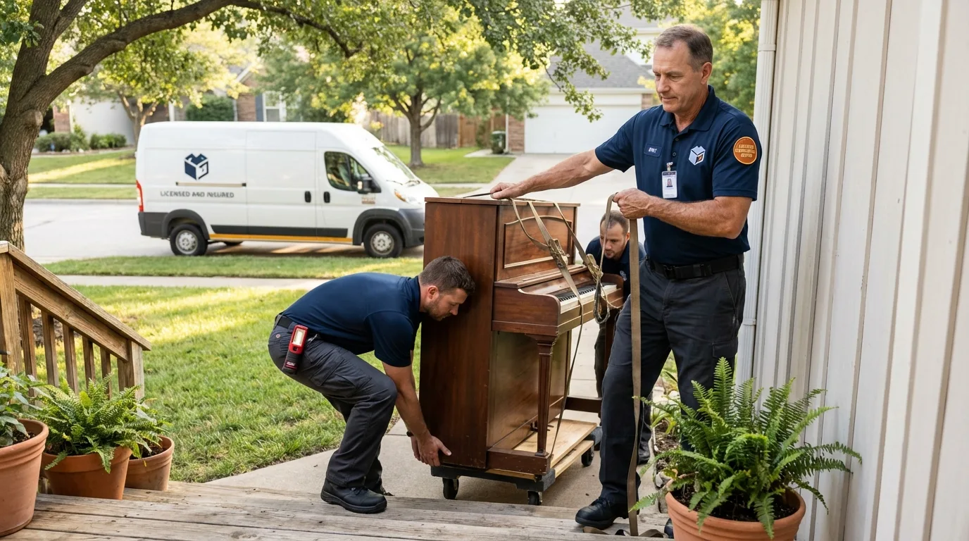 Licensed piano movers securing grand piano in Teague, TX