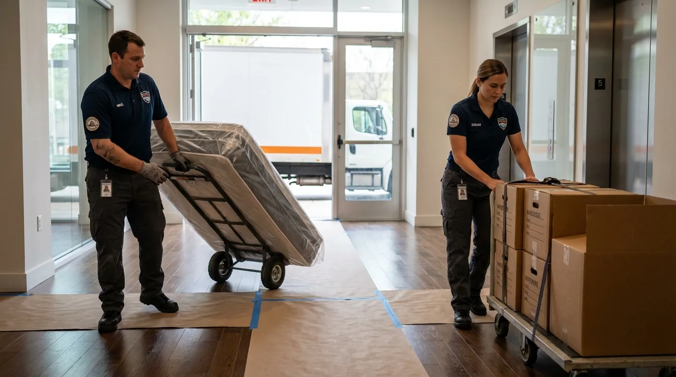 Professional apartment movers loading elevator in Teague, TX